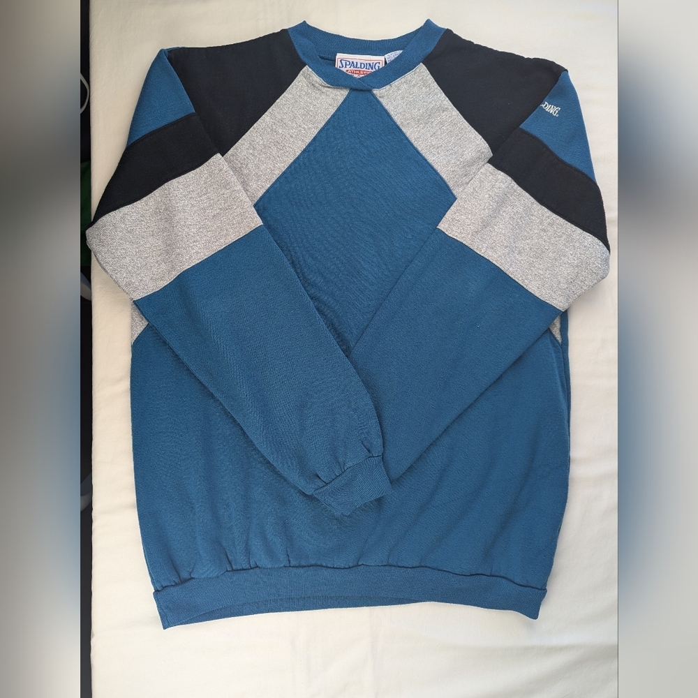 Vintage Spalding Men's Teal and Gray Crewneck Sweater